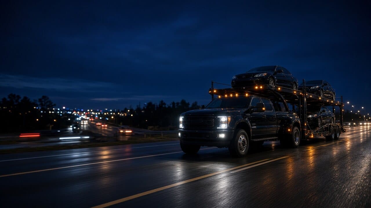 Pickup truck pulling a loaded car hauler trailer on a highway at night
